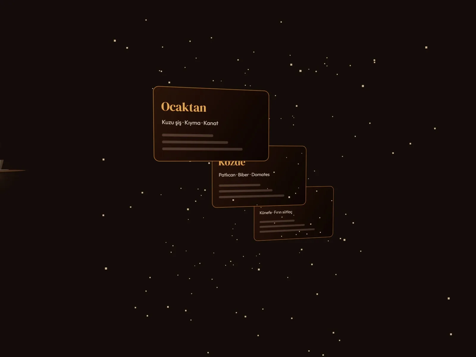Kekik & Kor 3D sahne: günün menüsü kartları