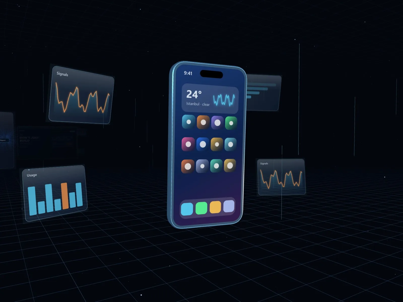 Orbitra Labs 3D sahne: uygulama ekranlı akıllı telefon ve grafik panelleri