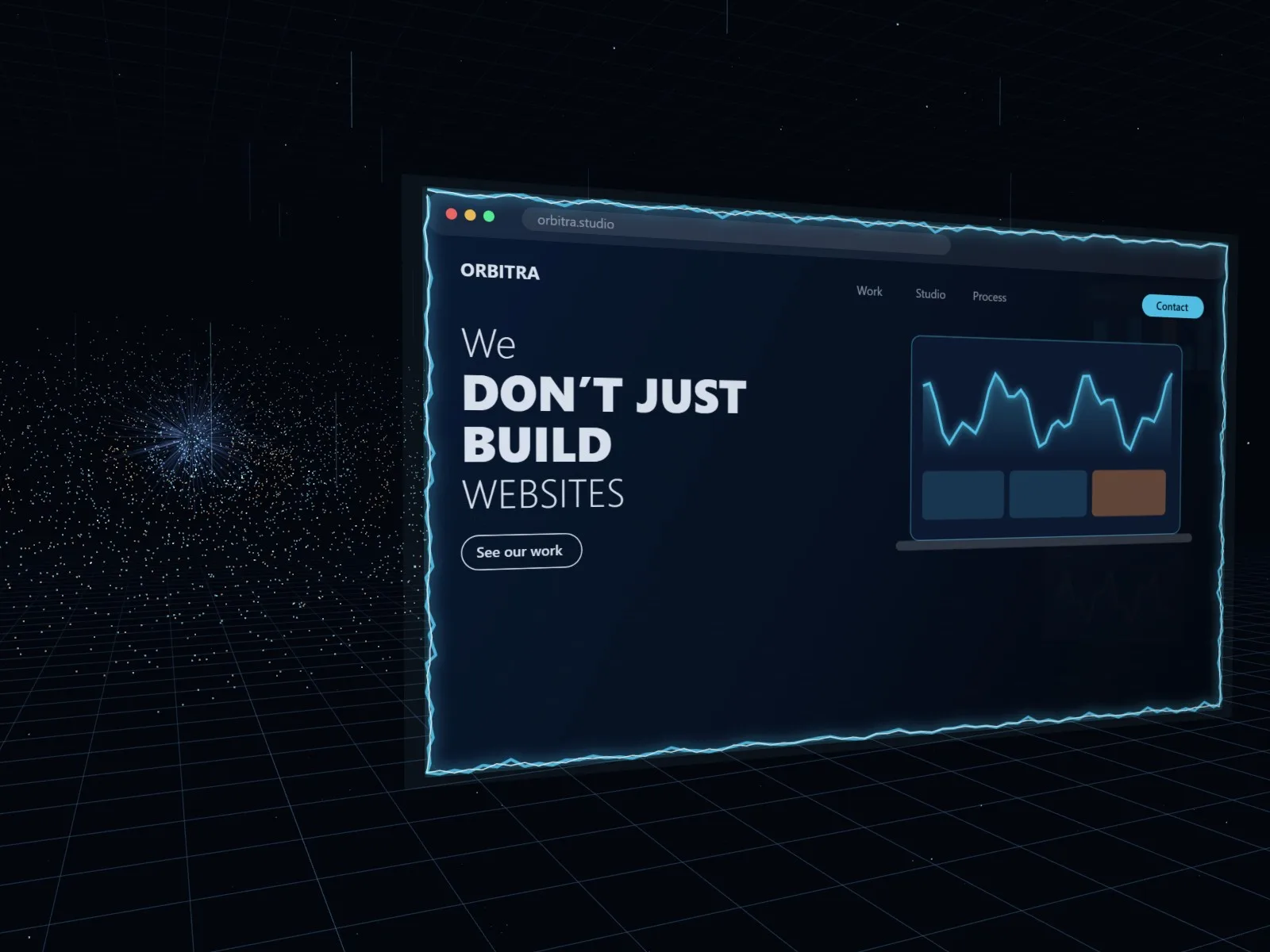 Orbitra Labs 3D sahne: dizüstü ekranında kurumsal web sitesi